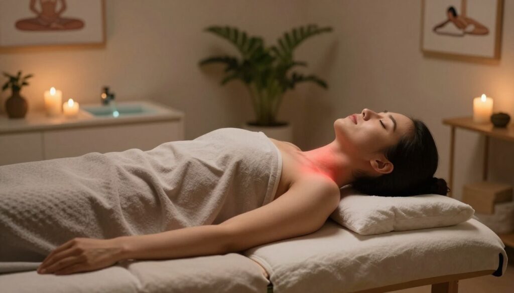 A serene therapy room designed for stress relief, featuring a cozy massage table with soft linens. A relaxed individual in modest casual clothing lies on the table, eyes closed, showcasing subtle signs of muscle tension in their neck and shoulders. Surrounding them are calming elements: dimly lit candles, soothing plants, and a gentle water feature in the background. The atmosphere is tranquil, illuminated by soft, warm lighting that casts a peaceful glow. A wall adorned with art depicting relaxation techniques frames the scene. The angle captures the individual from a slight overhead perspective, emphasizing their peaceful state while also subtly highlighting the muscle tightness in their upper body. The mood conveys a sense of calm and hope for relief through therapeutic practices.