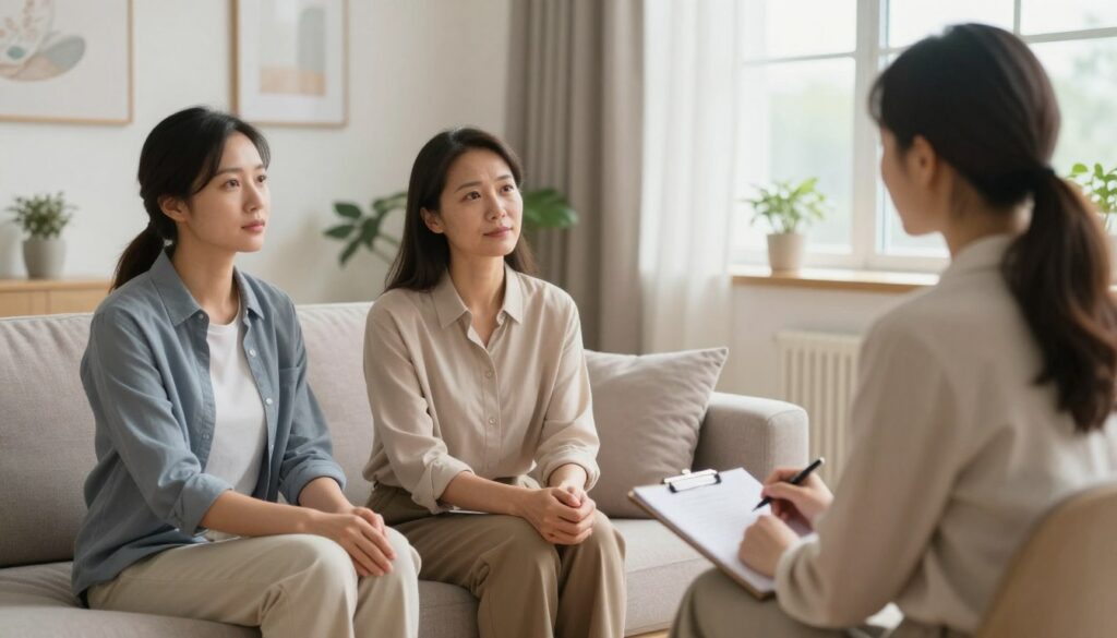 A serene therapy session set in a bright, calming office. In the foreground, a couple in professional casual attire sits on a comfortable couch, facing a therapist who is listening intently. The therapist, a middle-aged individual with a thoughtful expression, holds a notepad and pen. The middle ground features a soft, neutral palette with plants and subtle art on the walls, promoting a sense of peace. In the background, a large window allows soft daylight to illuminate the room, creating a warm atmosphere. The mood is reflective and supportive, conveying hope and healing after experiencing betrayal. The composition emphasizes connection, empathy, and the journey towards rebuilding trust and understanding in a relationship.
