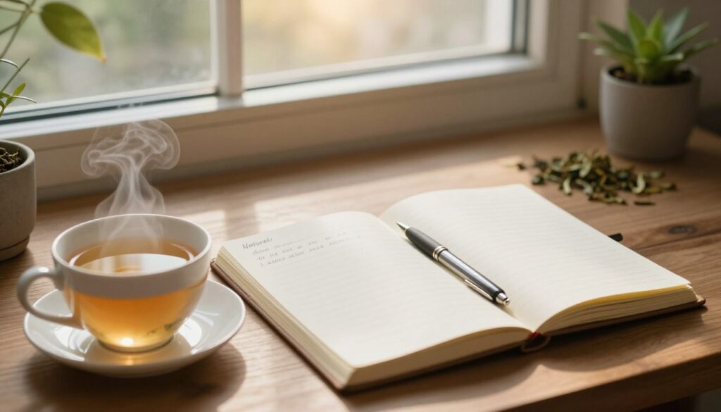 A serene workspace setting, featuring a wooden desk with a neatly arranged notebook and pen, emphasizing the theme of natural affirmation writing. In the foreground, a cup of herbal tea emits a subtle steam, creating a warm and calming environment. The middle section includes soft, blurred images of plants, symbolizing growth and tranquility. In the background, a window with gentle morning sunlight filters through, casting soft shadows. The mood is peaceful and inspiring, highlighting a sense of relaxation and focus. The lighting is warm and inviting, enhancing the overall atmosphere. The camera angle is slightly elevated, allowing for a comprehensive view of the workspace while maintaining a cozy and intimate feel.