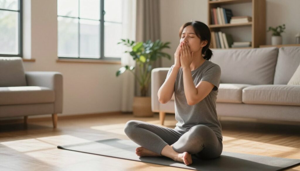 A serene yet dynamic scene depicting a person engaging in quick stress-relief techniques in a cozy, modern living room. In the foreground, a young professional in smart casual attire is practicing deep breathing, seated on a plush yoga mat with a calm expression. In the middle ground, there are warm sunlight streaming through large windows, casting gentle shadows on the wooden floor, with a soothing indoor plant nearby. In the background, a soft, inviting couch and a bookshelf filled with self-help books create a nurturing atmosphere. The overall mood is peaceful and focused, emphasizing a sense of tranquility amidst life's chaos, with a soft depth of field to highlight the subject in a way that suggests intimacy and connection to the theme of stress relief.