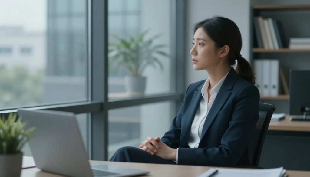 A serene yet emotionally charged scene depicting an office interior, focusing on a thoughtful individual sitting at a desk in professional attire, their hands clasped and resting on their lap, gazing pensively out of a window. The middle layer features a soft light filtering through the glass, creating gentle reflections and shadows that enhance the contemplative mood. In the background, shelves filled with books and a potted plant slightly blurred represent a world of knowledge and growth, while hints of an urban landscape can be seen through the window. The color palette is muted, with shades of blue and gray, conveying a sense of introspection and tranquility, inviting the viewer to reflect on emotional turmoil and decision-making in difficult times.