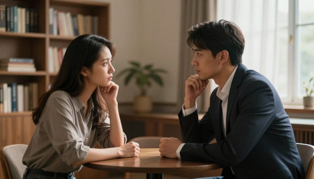 A serene yet emotionally charged scene in an indoor setting, featuring a couple engaged in a thoughtful conversation. The foreground showcases the couple, a man in a professional business suit and a woman in modest casual attire, both sitting across from each other at a small table, their expressions reflecting concern and understanding. In the middle ground, a soft, warm light bathes the scene, creating an inviting atmosphere that encourages open dialogue. The background includes subtle details like bookshelves filled with literature and a window with soft natural light filtering through sheer curtains, giving a sense of intimacy and privacy. The composition should emphasize the connection and emotional weight of their conversation, capturing the mood of seriousness balanced with empathy.