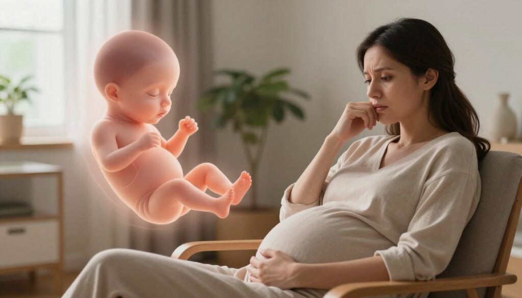A serene yet poignant scene depicting a pregnant woman in a gentle, peaceful environment, symbolizing the emotional impact of stress on both her and her unborn child. In the foreground, the woman, wearing modest casual clothing, is seated in a comfortable chair, deep in thought, with a look of concern. In the middle ground, an ethereal visualization of her fetus can be seen in a soft, glowing form, representing the connection between mother and child. The background features a calming, softly lit room with warm, muted colors, including plants and natural light filtering through a window, evoking a tranquil atmosphere. The overall composition conveys a sense of tension and vulnerability, while also suggesting hope and resilience amidst the stress. A serene yet poignant scene depicting a pregnant woman in a gentle, peaceful environment, symbolizing the emotional impact of stress on both her and her unborn child. In the foreground, the woman, wearing modest casual clothing, is seated in a comfortable chair, deep in thought, with a look of concern. In the middle ground, an ethereal visualization of her fetus can be seen in a soft, glowing form, representing the connection between mother and child. The background features a calming, softly lit room with warm, muted colors, including plants and natural light filtering through a window, evoking a tranquil atmosphere. The overall composition conveys a sense of tension and vulnerability, while also suggesting hope and resilience amidst the stress.