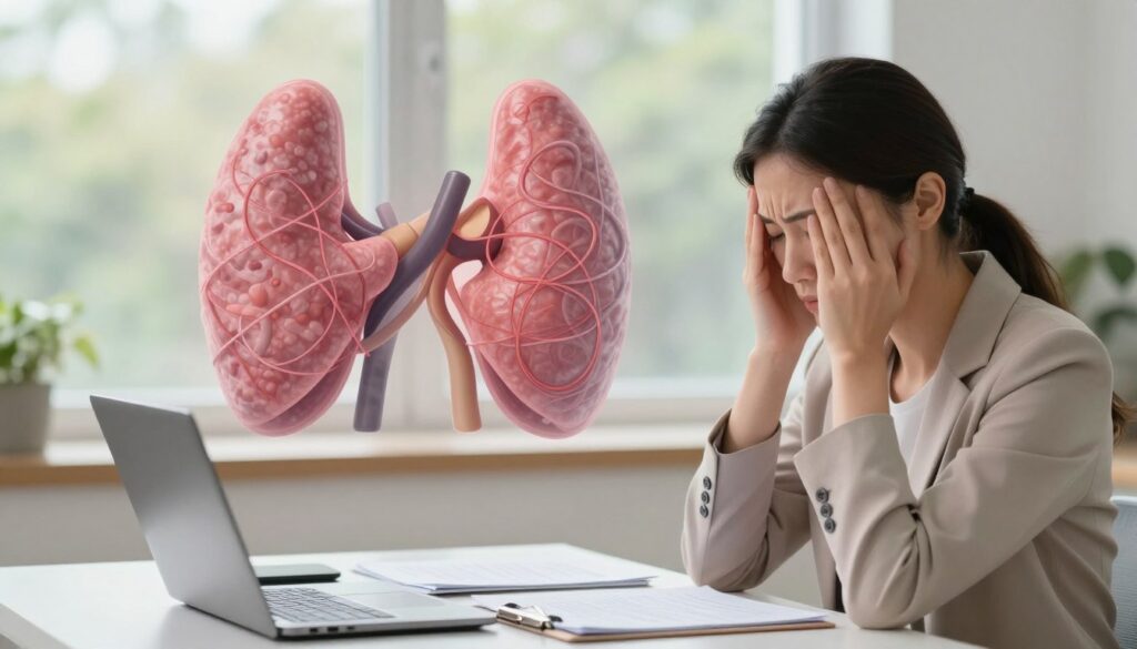 A serene, yet thought-provoking scene depicting the concept of stress and autoimmunity related to thyroid issues. In the foreground, a calm professional woman in modest business attire, sitting at a desk cluttered with medical charts and a laptop, radiates a sense of contemplation and concern. In the middle ground, a semi-transparent overlay of thyroid gland images, subtly highlighting hyperthyroidism and hypothyroidism symptoms, merges with abstract shapes representing stress, such as chaotic lines or swirling patterns. The background features a soft-focus view of a tranquil nature scene with gentle lighting, suggesting relief and healing. The overall mood is one of introspection and awareness, conveying the impact of stress on health in a visually engaging manner.