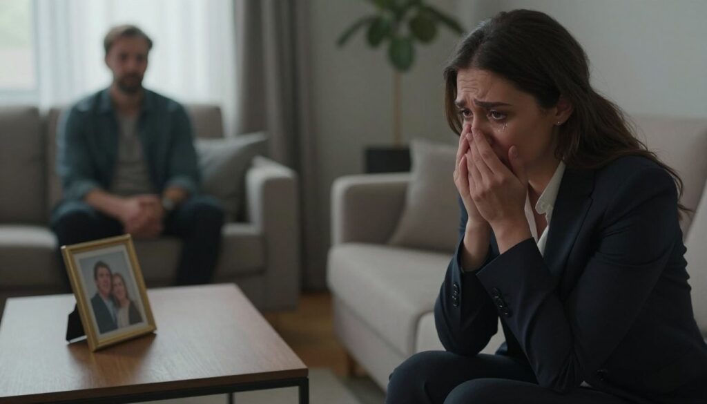A somber and emotional scene capturing the feelings of shock and grief after discovering a husband's infidelity. In the foreground, a woman in professional attire is seated on a couch, her expression a mix of confusion and sorrow, with tears in her eyes and a hand covering her mouth. The middle ground shows a coffee table with a single, overturned photo frame reflecting a happier time, hinting at lost memories. In the background, soft, diffused lighting emerges from a window, casting gentle shadows that enhance the atmosphere of melancholy. The room is cozy but feels heavy with emotional weight, symbolizing the turmoil and complexity of processing betrayal. The overall mood is reflective and contemplative, evoking a sense of vulnerability and the healing journey ahead. A somber and emotional scene capturing the feelings of shock and grief after discovering a husband's infidelity. In the foreground, a woman in professional attire is seated on a couch, her expression a mix of confusion and sorrow, with tears in her eyes and a hand covering her mouth. The middle ground shows a coffee table with a single, overturned photo frame reflecting a happier time, hinting at lost memories. In the background, soft, diffused lighting emerges from a window, casting gentle shadows that enhance the atmosphere of melancholy. The room is cozy but feels heavy with emotional weight, symbolizing the turmoil and complexity of processing betrayal. The overall mood is reflective and contemplative, evoking a sense of vulnerability and the healing journey ahead.