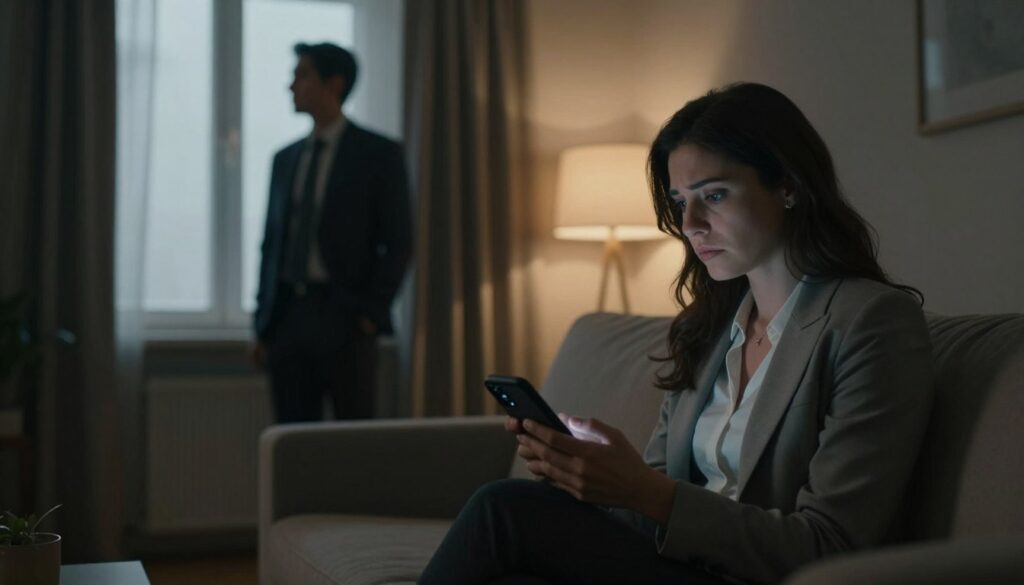 A somber, contemplative scene set in a dimly lit living room, highlighting the emotional tension of a relationship. In the foreground, a woman in a modest, professional outfit sits on a couch, her expression reflecting confusion and concern as she examines a phone with faint notifications. In the middle ground, a shadowy figure of a husband can be seen standing by a window, gazing outside, seemingly lost in thought, dressed in business attire. The background features soft, warm lighting from a nearby lamp, casting gentle shadows that enhance the mood of suspicion and unease. The atmosphere should evoke a sense of introspection and emotional conflict, illustrating the subtle signs of betrayal.