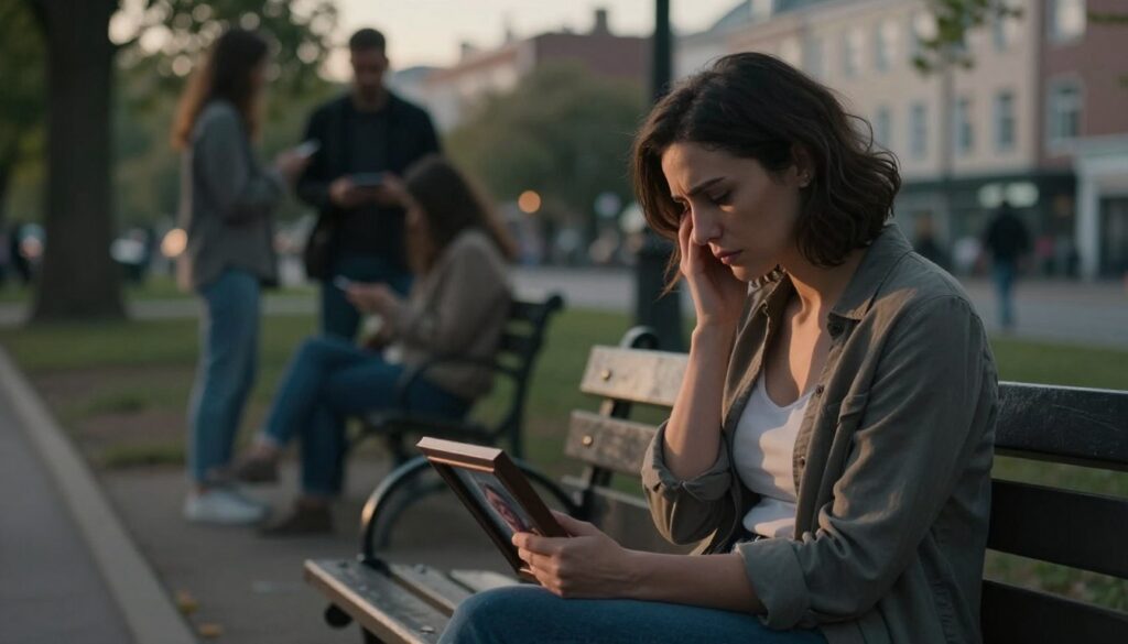A somber, introspective scene depicting the emotional turmoil following infidelity. In the foreground, a woman dressed in modest casual clothing sits on a park bench, her face illuminated with a mixture of sadness and contemplation, looking down at a framed photograph held loosely in her hands. In the middle ground, blurred figures of people engaging in daily activities emphasize the isolation she feels amidst the bustling city life. The background features soft-focus trees and distant buildings, their outlines softened with late afternoon light, casting gentle shadows. The atmosphere is heavy, evoking a sense of grief and reflection, with warm, muted colors creating an intimate yet melancholic mood. The overall composition captures the profound pain and complexity of emotions tied to betrayal and its psychological impact.