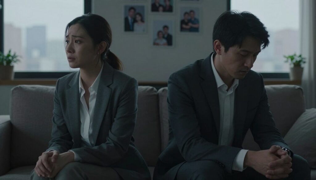 A somber, introspective scene illustrating the theme of physical betrayal in a relationship. In the foreground, a couple sits on a couch, facing away from each other, dressed in professional business attire, conveying emotional distance and tension. One partner, a woman, has a pained expression while gazing into the distance, and the other, a man, looks down at his hands, both lost in thought. The middle ground features dim, muted lighting to evoke a melancholic atmosphere, while blurred family photos on the wall hint at their shared history. In the background, a soft-focus urban skyline can be seen through a window, symbolizing isolation within their shared environment. The overall mood is heavy with regret and the implications of unbreakable bonds marred by betrayal. A somber, introspective scene illustrating the theme of physical betrayal in a relationship. In the foreground, a couple sits on a couch, facing away from each other, dressed in professional business attire, conveying emotional distance and tension. One partner, a woman, has a pained expression while gazing into the distance, and the other, a man, looks down at his hands, both lost in thought. The middle ground features dim, muted lighting to evoke a melancholic atmosphere, while blurred family photos on the wall hint at their shared history. In the background, a soft-focus urban skyline can be seen through a window, symbolizing isolation within their shared environment. The overall mood is heavy with regret and the implications of unbreakable bonds marred by betrayal.
