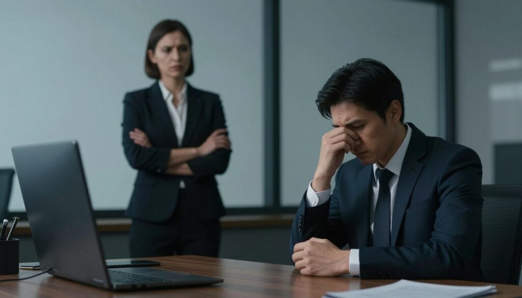 A somber office environment with an air of tension. In the foreground, a man sits at a sleek wooden desk, his expression a mix of regret and resolve, dressed in a professional business suit. The middle ground features a woman standing across from him, arms crossed and looking conflicted, also in business attire, with soft focus on her face, capturing a moment of vulnerable confrontation. The background shows a large window with muted lighting filtering through, casting shadows that enhance the mood of introspection and uncertainty. The composition should evoke feelings of inner turmoil and the heavy weight of honesty, with a color palette of dark blues and grays to emphasize the serious nature of confessing betrayal.