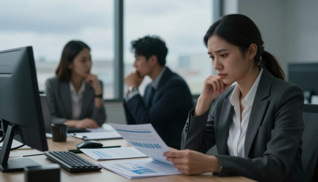 A somber office scene depicting subtle changes in work and financial dynamics. In the foreground, a professional woman in business attire sits at a cluttered desk, her expression contemplative as she reviews financial reports. The middle ground features a blurred image of coworkers engaged in hushed conversation, hinting at secrecy and unspoken tension. In the background, a large window reveals a cloudy sky, symbolizing uncertainty and change. Soft, diffused lighting casts gentle shadows, creating an atmosphere of unease and introspection. The composition captures the intricacies of hidden emotions in a workplace environment, focusing on the nuances of financial strain and interpersonal signals that often go unnoticed.
