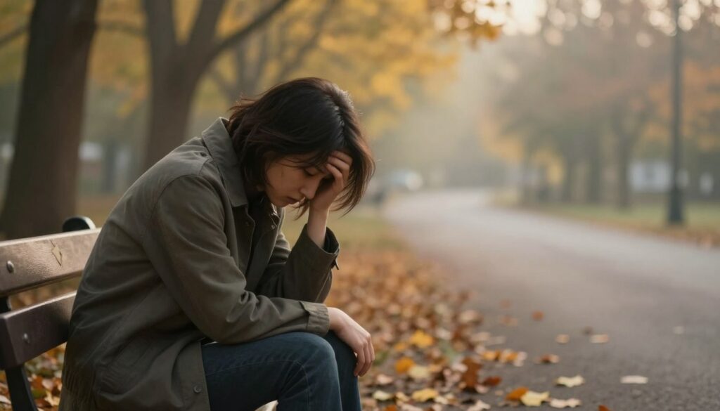 A somber, reflective atmosphere depicting a person sitting alone on a park bench, wearing modest casual clothing. The foreground features the person with their head lowered, lost in thought, embodying feelings of confusion and sadness. In the middle ground, gentle autumn leaves fall, representing the passage of time and emotional transitions. A blurred path leads into a misty backdrop of soft trees, symbolizing a sense of isolation and the journey through emotional trauma. The lighting is soft and diffuse, suggesting a late afternoon glow, with warm golden hues filtering through the trees, creating a mood of introspection and vulnerability. Capture an angle slightly above eye level to evoke a sense of empathy for the subject. A somber, reflective atmosphere depicting a person sitting alone on a park bench, wearing modest casual clothing. The foreground features the person with their head lowered, lost in thought, embodying feelings of confusion and sadness. In the middle ground, gentle autumn leaves fall, representing the passage of time and emotional transitions. A blurred path leads into a misty backdrop of soft trees, symbolizing a sense of isolation and the journey through emotional trauma. The lighting is soft and diffuse, suggesting a late afternoon glow, with warm golden hues filtering through the trees, creating a mood of introspection and vulnerability. Capture an angle slightly above eye level to evoke a sense of empathy for the subject.