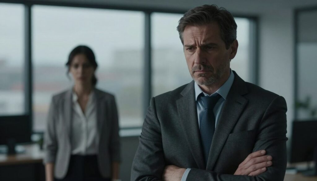 A somber, reflective middle-aged man in a professional business suit stands in the foreground, subtly showing signs of inner turmoil, such as a furrowed brow and a distant gaze. His body language is tense, with crossed arms, conveying a sense of anxiety. In the middle ground, a blurred silhouette of a woman in casual attire can be seen, symbolizing a strained connection in their relationship. The background features a softly lit office setting, with a window reflecting an overcast sky, portraying a mood of introspection and uncertainty. The color palette is muted, emphasizing gray and blue tones to evoke feelings of melancholy and crisis. The lighting is soft yet dramatic, focusing on the man to highlight his emotional state.