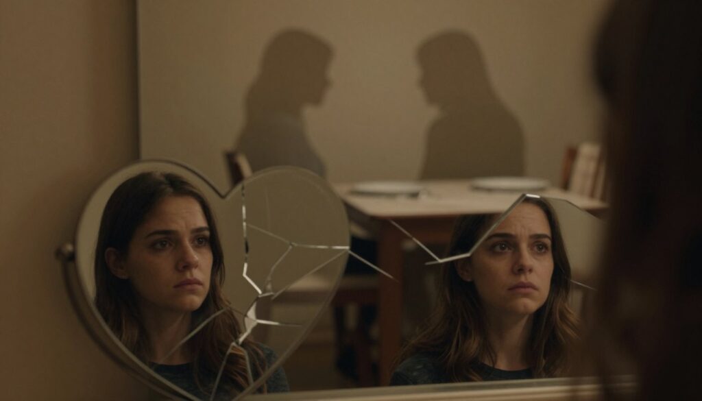 A somber, reflective scene illustrating the concept of infidelity. In the foreground, a broken heart-shaped mirror reflects the fragmented expressions of two people, separated by a distance that suggests emotional turmoil. The middle ground features a dimly lit room with a table set for two, where one side is empty, symbolizing absence and loss. In the background, soft shadows of two intertwined figures can be seen, representing the complexities of sexual and emotional betrayal, but their faces are obscured to maintain anonymity. The mood is heavy and introspective, with warm, dim lighting that casts soft shadows, evoking a sense of sadness and reflection. The image captures the essence of trust broken and the delicate boundaries in relationships.