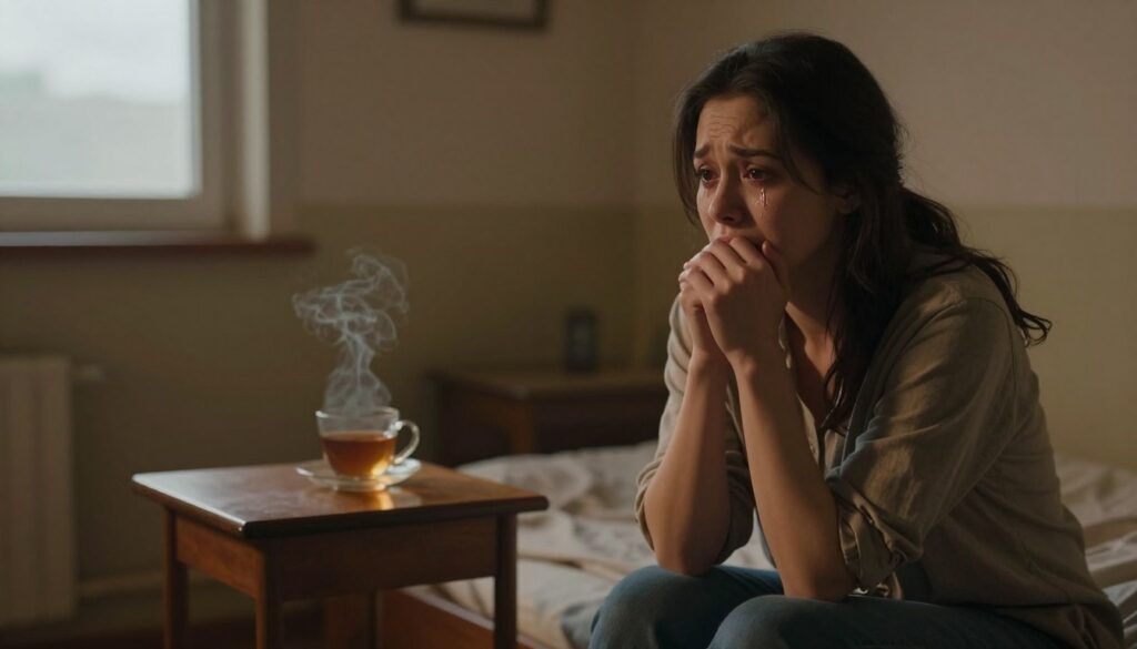 A somber scene capturing the emotional chaos after betrayal, set in a softly lit room. In the foreground, a woman in modest casual clothing sits on the edge of a bed, her expression reflecting deep contemplation and vulnerability. Tears glisten in her eyes as she clasps her hands tightly together. In the middle ground, a small table holds a steaming cup of tea, its gentle steam rising into the air, adding warmth to the atmosphere. The background features a softly painted wall with a window showing hints of overcast skies outside, symbolizing uncertainty. The lighting is warm yet dim, casting soft shadows that enhance the scene's introspective mood. This image conveys the struggle of navigating emotional turmoil and the journey toward self-recovery.