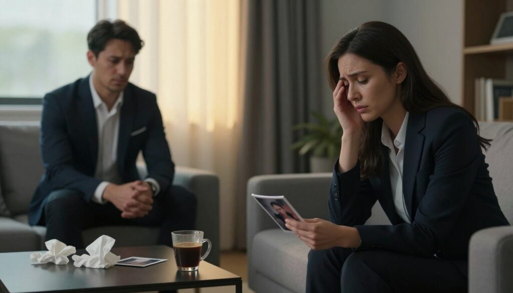 A somber scene depicting a couple in a modern living room, capturing the emotional turmoil following infidelity. In the foreground, a woman in professional attire sits on a sofa, her expression reflects deep sorrow and contemplation, clutching a photograph. A man, also dressed in business attire, stands nearby, looking regretful and emotionally burdened. In the middle ground, a coffee table is cluttered with tissues and a half-empty coffee cup, symbolizing unspoken struggles. The background features a softly lit window, casting warm yet melancholic light, enhancing the atmosphere of distress and reflection. The overall mood is heavy with grief and the weight of unresolved emotions, highlighting the psychological impact of betrayal on relationships.