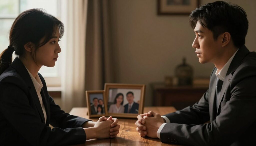 A somber scene depicting a couple sitting at a table in a softly lit room, both wearing professional business attire. The woman looks contemplative, her eyes lowered, while the man gazes out of the window with a distant expression. In the foreground, a pair of hands, clasped tightly, hint at tension and unresolved emotions. The middle of the image features a blurred family photo, symbolizing the shattered trust and lost security in their relationship. The background showcases a dimly lit, cozy interior, with shadows that evoke feelings of trauma and confusion. The lighting is warm yet melancholic, casting soft shadows that enhance the atmosphere of uncertainty. A somber scene depicting a couple sitting at a table in a softly lit room, both wearing professional business attire. The woman looks contemplative, her eyes lowered, while the man gazes out of the window with a distant expression. In the foreground, a pair of hands, clasped tightly, hint at tension and unresolved emotions. The middle of the image features a blurred family photo, symbolizing the shattered trust and lost security in their relationship. The background showcases a dimly lit, cozy interior, with shadows that evoke feelings of trauma and confusion. The lighting is warm yet melancholic, casting soft shadows that enhance the atmosphere of uncertainty.