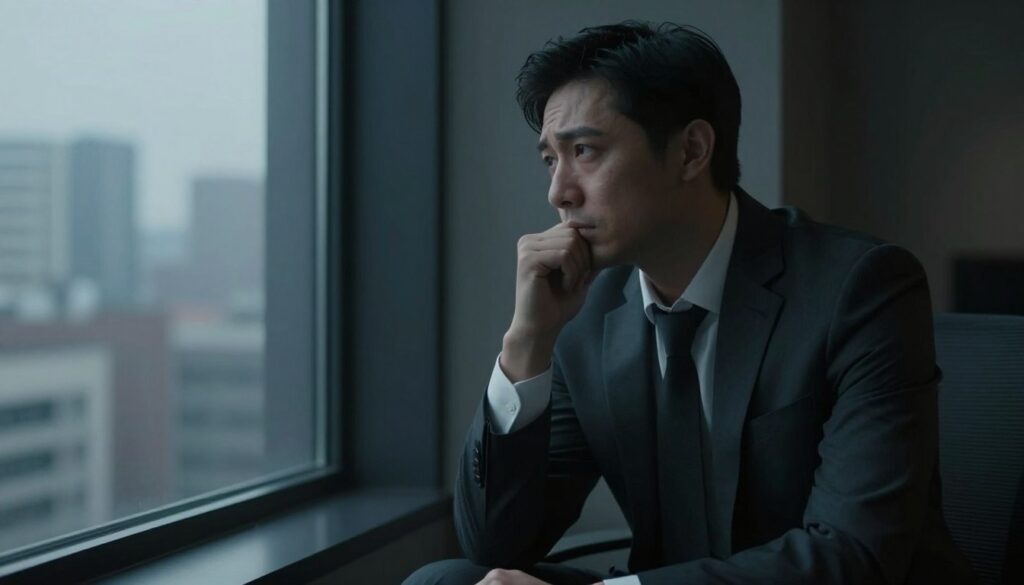 A somber scene depicting a man in professional business attire, reflecting deep contemplation in a dimly lit room. In the foreground, his facial expression reveals a mix of guilt and introspection as he gazes out of a window, with subtle shadows casting across his face. The middle ground features an empty chair beside him, symbolizing absence and remorse. In the background, the blurred outlines of a city skyline suggest the external pressures and temptations he faces. Soft, diffused lighting creates a melancholic atmosphere, emphasizing his internal conflict. The composition captures the emotional weight of betrayal, prompting viewers to sense the depth of his struggle with guilt and the significance of his decisions. A somber scene depicting a man in professional business attire, reflecting deep contemplation in a dimly lit room. In the foreground, his facial expression reveals a mix of guilt and introspection as he gazes out of a window, with subtle shadows casting across his face. The middle ground features an empty chair beside him, symbolizing absence and remorse. In the background, the blurred outlines of a city skyline suggest the external pressures and temptations he faces. Soft, diffused lighting creates a melancholic atmosphere, emphasizing his internal conflict. The composition captures the emotional weight of betrayal, prompting viewers to sense the depth of his struggle with guilt and the significance of his decisions.