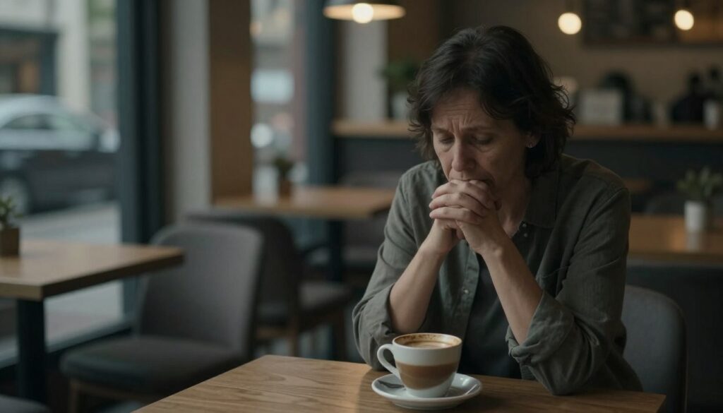 A somber scene depicting emotions experienced after betrayal, focusing on a middle-aged person sitting alone at a dimly lit café table. In the foreground, the individual, dressed in modest casual attire, has a somber expression, their hands clasped around a warm cup of coffee. The middle ground features an empty chair opposite them, symbolizing loss and abandonment. In the background, soft, blurred lights from the café create a melancholic atmosphere, with muted colors reflecting the feeling of grief. Use soft, diffused lighting to evoke a sense of introspection. The camera angle is slightly elevated, allowing for a view that emphasizes the solitary nature of the subject while drawing the viewer into the emotional depth of the moment.