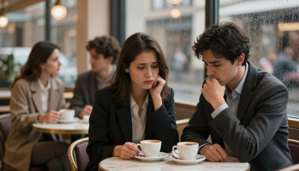 A somber scene illustrating the complexities of infidelity within relationships. In the foreground, a well-dressed couple sits at a small café table, their expressions a mix of concern and contemplation. The woman gazes pensively at her coffee, while the man looks down, reflecting a sense of turmoil. In the middle ground, blurred figures of other couples in the café engage in various interactions, symbolizing the contrasting emotions of connection and distance. The background features a softly lit urban setting, with rain streaking down the windows, enhancing the mood of introspection and tension. The image should have a warm, slightly muted color palette to evoke a feeling of melancholy and seriousness, captured with a shallow depth of field to keep the focus on the couple's expressions. A somber scene illustrating the complexities of infidelity within relationships. In the foreground, a well-dressed couple sits at a small café table, their expressions a mix of concern and contemplation. The woman gazes pensively at her coffee, while the man looks down, reflecting a sense of turmoil. In the middle ground, blurred figures of other couples in the café engage in various interactions, symbolizing the contrasting emotions of connection and distance. The background features a softly lit urban setting, with rain streaking down the windows, enhancing the mood of introspection and tension. The image should have a warm, slightly muted color palette to evoke a feeling of melancholy and seriousness, captured with a shallow depth of field to keep the focus on the couple's expressions.