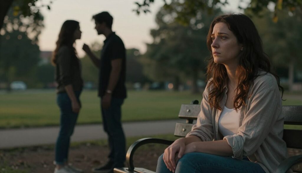 A somber yet enlightening scene depicting the emotional aftermath of betrayal in a relationship. In the foreground, a woman in modest casual clothing sits on a bench, her expression contemplative and introspective. Her body language conveys vulnerability but also resilience, as she gazes towards the horizon. In the middle ground, a fading silhouette of a couple arguing in hushed tones symbolizes the strained trust that comes from betrayal. The background features a serene park with soft, ambient lighting that casts gentle shadows, highlighting the emotional weight of the moment. The atmosphere is reflective, encouraging thoughts of healing and rebuilding trust, with warm tones and a slightly blurred depth of field to evoke a sense of hope amidst the turmoil.