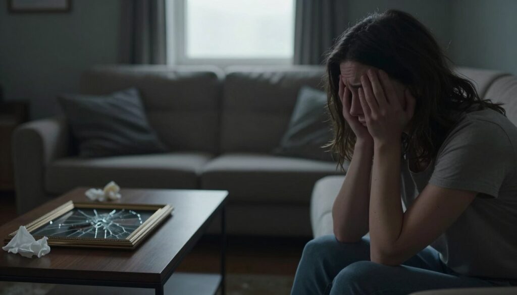 A somber yet evocative scene capturing the emotions following betrayal in a relationship. In the foreground, depict a person sitting alone on a sofa, dressed in modest casual clothing, with a look of pain and uncertainty on their face, captured in soft focus to emphasize their emotional state. In the middle ground, include a coffee table with a shattered picture frame, symbolizing broken trust, and scattered tissues, hinting at the process of grieving. The background should feature a dimly lit room, with shadows creating a sense of isolation, and a single window allowing soft, natural light to enter, casting gentle highlights and deepening the overall melancholic atmosphere. The image should evoke a sense of introspection and emotional turmoil, inviting contemplation without overpowering the viewer.