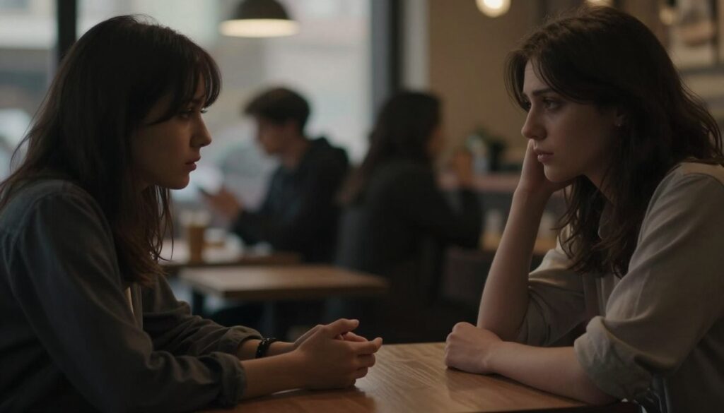 A somber yet evocative scene depicting a couple seated across from each other at a small café table, their expressions reflecting tension and unspoken words. The foreground features their hands, one reaching towards the other but hesitating, symbolizing emotional distance. The middle ground includes their faces partially shadowed by the warm, diffused light of the café, emphasizing their conflicted emotions. In the background, blurred silhouettes of other patrons create a sense of isolation in a crowded space. The overall atmosphere is heavy with introspection and uncertainty, captured in soft, muted colors, evoking a feeling of contemplation and the struggle with trust. The composition should suggest a moment of vulnerability, framed through a slightly tilted lens for added emotional depth.