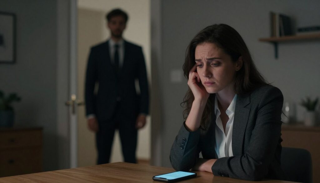 A somber yet evocative scene depicting the concept of betrayal in a relationship. In the foreground, a woman in professional attire sits at a table, her expression a mix of hurt and contemplation, with a phone displaying a suspicious message resting in front of her. In the middle ground, a blurred silhouette of a man in a business suit stands at the door, conveying a sense of tension and distance. The background features dimly lit interior details, such as a cozy yet unsettling home environment, enhancing the emotional weight of the moment. Soft, diffused lighting creates a melancholic atmosphere, while a shallow depth of field focuses on the woman, emphasizing her emotional turmoil. The overall mood should reflect the complexities of trust and intuition in relationships. A somber yet evocative scene depicting the concept of betrayal in a relationship. In the foreground, a woman in professional attire sits at a table, her expression a mix of hurt and contemplation, with a phone displaying a suspicious message resting in front of her. In the middle ground, a blurred silhouette of a man in a business suit stands at the door, conveying a sense of tension and distance. The background features dimly lit interior details, such as a cozy yet unsettling home environment, enhancing the emotional weight of the moment. Soft, diffused lighting creates a melancholic atmosphere, while a shallow depth of field focuses on the woman, emphasizing her emotional turmoil. The overall mood should reflect the complexities of trust and intuition in relationships.