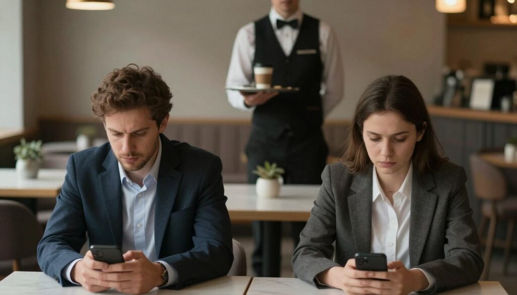 A somber yet thought-provoking image illustrating the concept of "zdrada" (betrayal) in relationships. In the foreground, a couple sits at a table in a cozy café, visibly disengaged from each other, each looking at their phones, dressed in professional business attire. The middle ground features a blurred waiter carrying a coffee tray, symbolizing the distance growing between the couple. In the background, soft lighting creates a warm atmosphere with gentle shadows that hint at tension, while muted colors evoke feelings of sadness and introspection. The angle captures the couple from slightly above, emphasizing their isolation, while the overall mood communicates a sense of emotional disconnect, inviting viewers to ponder the complexities of trust and fidelity.