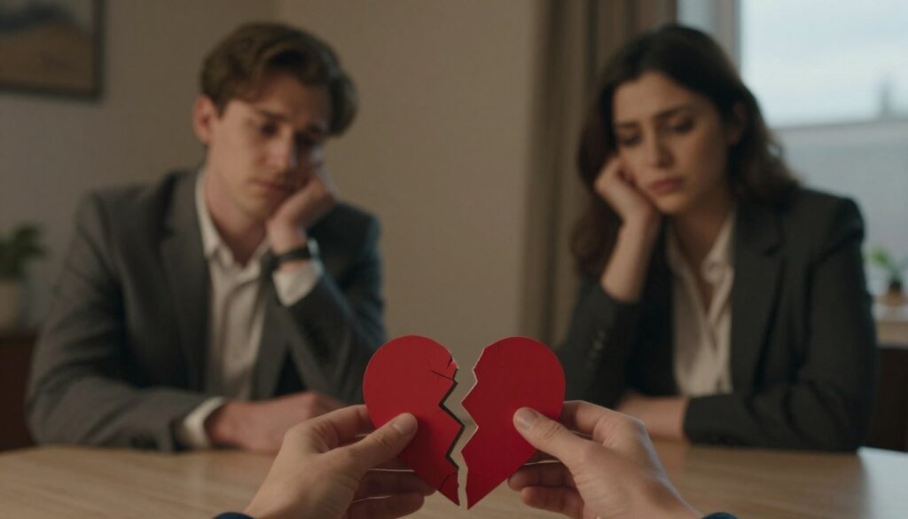 A somber yet thought-provoking scene capturing the emotional aftermath of betrayal in a relationship. In the foreground, a pair of hands gently holding a cracked heart, symbolizing broken trust. The middle ground features two figures sitting at a table, dressed in smart casual attire, their expressions reflecting tension and contemplation; one looks away, while the other gazes with a mix of sorrow and determination. The background showcases a dimly lit room with soft, warm lighting that casts delicate shadows, emphasizing the mood of introspection and chaos. The composition should evoke feelings of vulnerability and hope for healing, with a blurred window showing a hint of an overcast sky to symbolize uncertainty. A somber yet thought-provoking scene capturing the emotional aftermath of betrayal in a relationship. In the foreground, a pair of hands gently holding a cracked heart, symbolizing broken trust. The middle ground features two figures sitting at a table, dressed in smart casual attire, their expressions reflecting tension and contemplation; one looks away, while the other gazes with a mix of sorrow and determination. The background showcases a dimly lit room with soft, warm lighting that casts delicate shadows, emphasizing the mood of introspection and chaos. The composition should evoke feelings of vulnerability and hope for healing, with a blurred window showing a hint of an overcast sky to symbolize uncertainty.