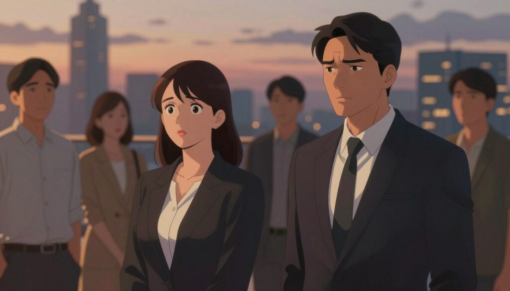 A split-scene illustration of "controlled betrayal," showcasing a complex emotional landscape. In the foreground, a professional couple in business attire stands apart, their expressions a mix of intrigue and tension. The woman’s face reflects curiosity while the man’s shows conflict. In the middle ground, blurred figures represent onlookers, hinting at societal perceptions and judgments, with soft light casting delicate shadows. The background features a city skyline at dusk, symbolizing the backdrop of modern relationships. Use warm ambient lighting to create an intimate yet conflicted atmosphere, emphasizing the psychological struggle. The angle should be slightly elevated, capturing both the subjects and the environment, evoking a sense of contemplation and unease. A split-scene illustration of "controlled betrayal," showcasing a complex emotional landscape. In the foreground, a professional couple in business attire stands apart, their expressions a mix of intrigue and tension. The woman’s face reflects curiosity while the man’s shows conflict. In the middle ground, blurred figures represent onlookers, hinting at societal perceptions and judgments, with soft light casting delicate shadows. The background features a city skyline at dusk, symbolizing the backdrop of modern relationships. Use warm ambient lighting to create an intimate yet conflicted atmosphere, emphasizing the psychological struggle. The angle should be slightly elevated, capturing both the subjects and the environment, evoking a sense of contemplation and unease.