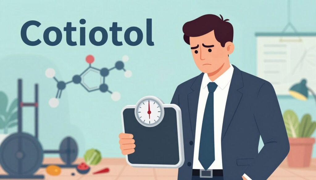 A striking visual representation of cortisol, the stress hormone, illustrated with a human figure in professional business attire, symbolizing its impact on metabolism and fat storage. In the foreground, depict the figure holding a scale, indicating weight management, while showing stress indicators such as furrowed brows and a tense posture. In the middle ground, include visual elements like chemical structures or molecular models of cortisol, subtly integrated with gym equipment or healthy food options representing a balanced lifestyle. The background should transition from a chaotic, cluttered environment symbolizing stress to a serene, organized space symbolizing relaxation and balance. Soft, diffused lighting creates a calm atmosphere, with a focus on the subject's emotional state. The overall mood conveys the struggle with stress and weight management in a professional context, illustrated with vibrant but soothing colors. A striking visual representation of cortisol, the stress hormone, illustrated with a human figure in professional business attire, symbolizing its impact on metabolism and fat storage. In the foreground, depict the figure holding a scale, indicating weight management, while showing stress indicators such as furrowed brows and a tense posture. In the middle ground, include visual elements like chemical structures or molecular models of cortisol, subtly integrated with gym equipment or healthy food options representing a balanced lifestyle. The background should transition from a chaotic, cluttered environment symbolizing stress to a serene, organized space symbolizing relaxation and balance. Soft, diffused lighting creates a calm atmosphere, with a focus on the subject's emotional state. The overall mood conveys the struggle with stress and weight management in a professional context, illustrated with vibrant but soothing colors.