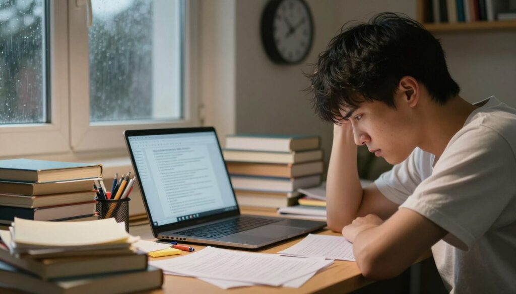 A student sitting at a cluttered desk in a small study room, surrounded by stacks of books, notes, and stationery, visibly stressed as they prepare for an upcoming exam. The foreground features a close-up of their anxious face, furrowed brow, and biting their pen, illustrating concentration and worry. In the middle ground, an open laptop displays a study guide, while a wall clock ticks loudly, emphasizing the pressure of time. The background shows a softly blurred window with a rainy atmosphere outside, reflecting the internal turmoil. The lighting is warm and inviting, contrasting with the tension in the air, creating a moody yet relatable scene that captures the essence of exam stress.