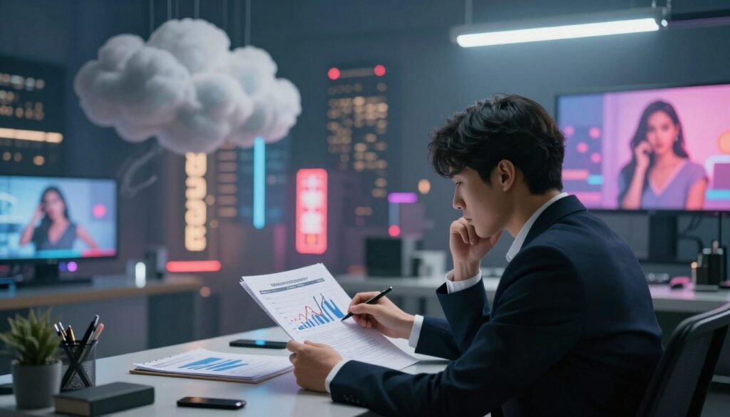 A surreal representation of the conflict between interpretation and reality in mental health, featuring a split scene. In the foreground, a person in professional attire sits at a desk, analyzing a complex chart about stress and sleep, looking contemplative. The background depicts a vibrant cityscape infused with pop culture elements like bright neon signs and billboards showcasing idealized lifestyles, creating a stark contrast with the foreground's seriousness. On one side, dreamlike clouds and shadows symbolize the elusive nature of mental health, while on the other, harsh fluorescent lights illuminate the person’s workspace, emphasizing the pressure of reality. Use soft, diffused lighting to create an introspective atmosphere, and a slightly elevated angle to capture both the person and the chaotic pop culture backdrop.