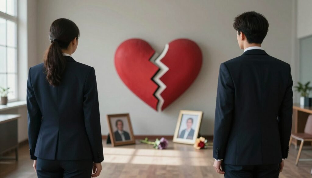 A symbolic representation of betrayal in a calm, introspective setting. In the foreground, two anonymous individuals in professional attire stand facing away from each other, their posture conveying tension and distance. The middle area features a broken heart depicted abstractly among scattered objects like a once-shared photo frame and a wilted flower, symbolizing lost trust. The background is a softly lit room with muted colors, emphasizing a somber mood. Natural light filters through a window, casting gentle shadows that evoke a sense of reflection. The composition should suggest a complex emotional landscape, where the causes of betrayal are visualized through metaphor rather than explicit imagery, creating a thought-provoking atmosphere ideal for exploration of deep emotional themes.
