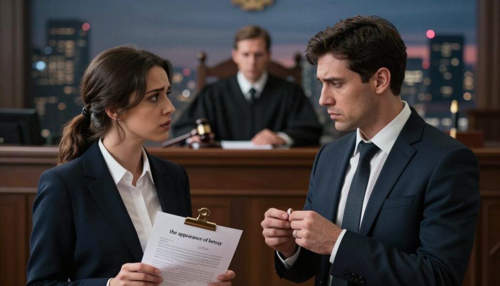 A symbolic representation of "the appearance of betrayal" in a legal context. In the foreground, a couple in professional business attire stands side by side, their expressions showing tension and uncertainty. The woman holds a legal document, while the man glances at a wedding ring on his hand, suggesting conflicting emotions. In the middle, a blurred courtroom scene with a judge and gavel creates an atmosphere of legal proceedings, enhancing the theme of divorce and blame. The background depicts a dimly lit cityscape at dusk, conveying a mood of contemplation and gravity. Soft, dramatic lighting highlights the couple's faces, capturing their emotional turmoil. The overall composition reflects the serious implications of a kiss as a facade of betrayal.