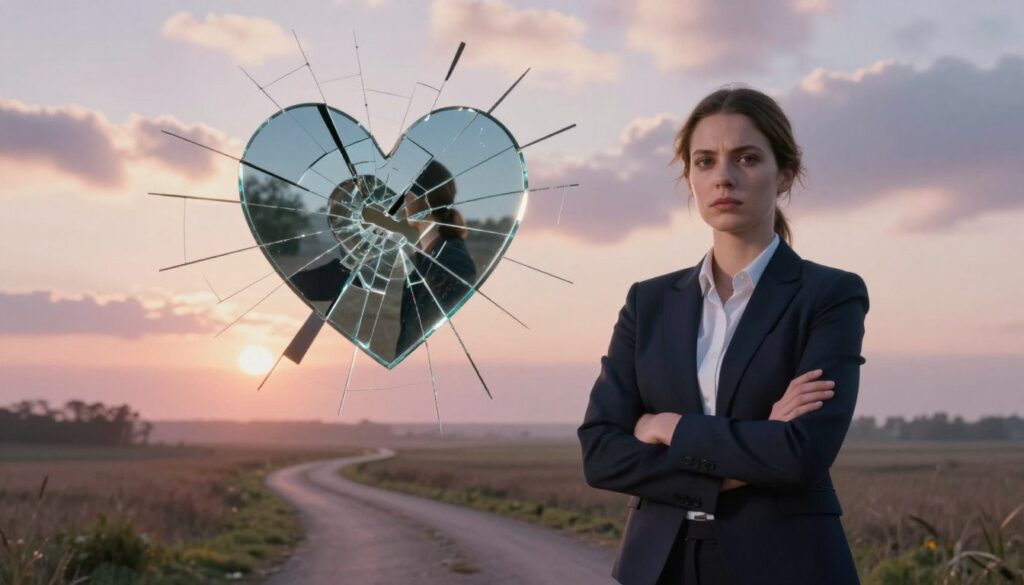 A symbolic representation of transformation after betrayal. In the foreground, a poised individual in professional attire stands confidently, facing the viewer with a resolute expression, their arms crossed. In the middle ground, a shattered mirror reflects fragmented images of a heart, symbolizing heartbreak but also the potential for new beginnings. The background is a serene landscape at dawn, with soft pastel colors illuminating a path winding towards the horizon, representing hope and change. The lighting is warm and inviting, with gentle rays of sunlight breaking through clouds, creating a contrast between the shadowy past and the promising future. The mood is introspective yet empowering, capturing the essence of growth and resilience after adversity. A symbolic representation of transformation after betrayal. In the foreground, a poised individual in professional attire stands confidently, facing the viewer with a resolute expression, their arms crossed. In the middle ground, a shattered mirror reflects fragmented images of a heart, symbolizing heartbreak but also the potential for new beginnings. The background is a serene landscape at dawn, with soft pastel colors illuminating a path winding towards the horizon, representing hope and change. The lighting is warm and inviting, with gentle rays of sunlight breaking through clouds, creating a contrast between the shadowy past and the promising future. The mood is introspective yet empowering, capturing the essence of growth and resilience after adversity.