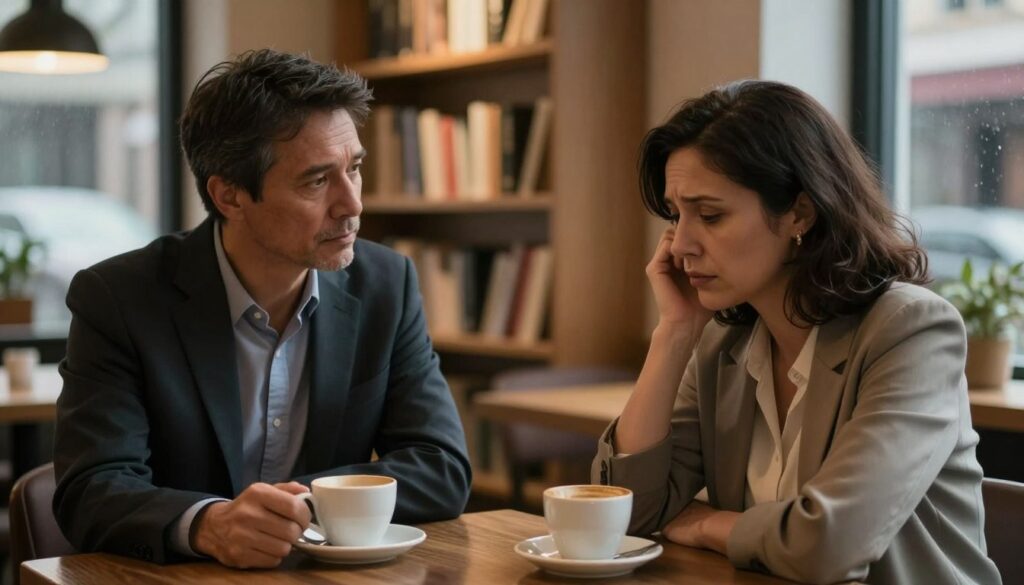 A tense and emotional conversation between two individuals in a warmly lit, intimate setting, such as a cozy café. The foreground features a middle-aged man and woman, both dressed in professional attire, sitting at a small table with coffees in front of them. The man looks pensive and sincere, while the woman appears conflicted yet attentive, capturing the essence of vulnerability and honesty. In the middle ground, a softly blurred bookshelf filled with books and warm lighting adds depth to the scene, symbolizing knowledge and reflection. In the background, a window revealing a rainy street outside enhances the mood of introspection. The atmosphere is laden with tension but also a sense of possibility for understanding and healing, conveyed through subtle expressions and body language.