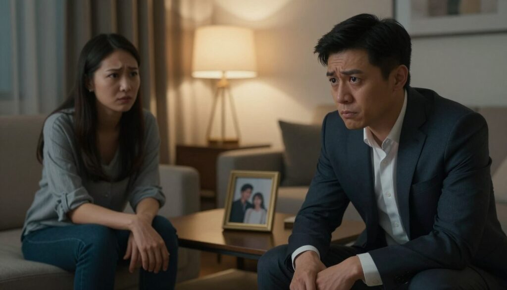 A tense scene depicting a couple in a cozy living room setting, with one partner, a man in a professional business suit, looking suspiciously at the other, a woman in modest casual clothing. The foreground captures their somber expressions, filled with doubt and confusion. In the middle ground, a dimly lit coffee table holds a framed picture of them together, suggesting their past happiness. The background features soft, warm lighting from a lamp, casting shadows that enhance the atmosphere of mistrust and tension. A subtle play of light highlights the man’s furrowed brow and the woman’s concerned gaze, emphasizing the emotional struggle. The image should evoke feelings of anxiety and uncertainty without explicit content, maintaining a safe and professional tone.