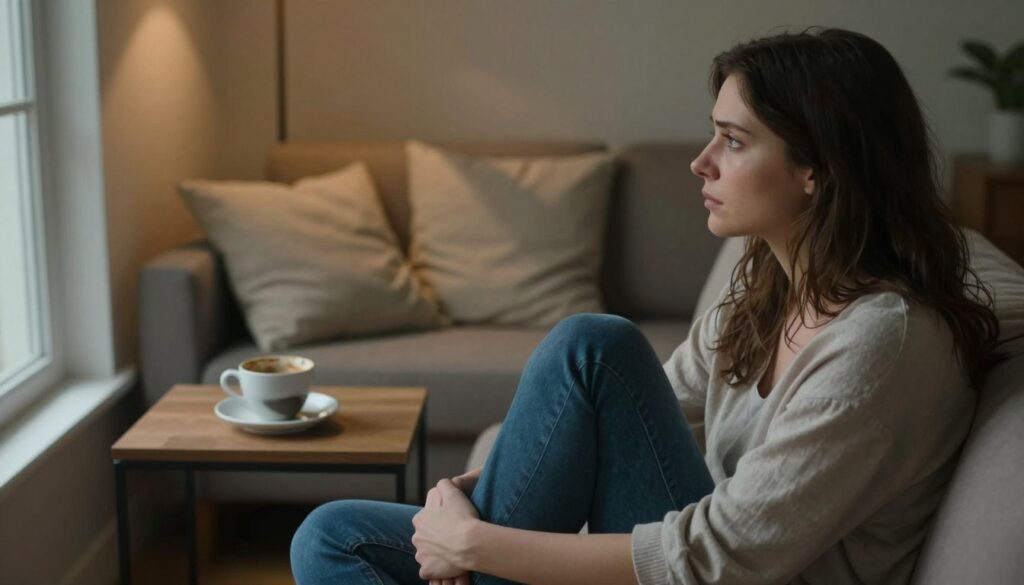 A thoughtful and introspective scene depicting a woman in casual, modest attire, sitting on a couch in a cozy living room, subtly conveying changes in behavior and emotional distance. The foreground features the woman, with a look of contemplation on her face, gazing out of a window, highlighting a sense of unease. In the middle ground, a table with an untouched cup of coffee symbolizes neglect in her daily routine. The background shows soft-lit, warm colors, with shadows playing across freshly unmade pillows, contributing to the mood of introspection and uncertainty. The lighting is soft and diffused, evoking a feeling of quiet contemplation. A wide-angle lens captures the entire scene, immersing the viewer in the emotional depth.