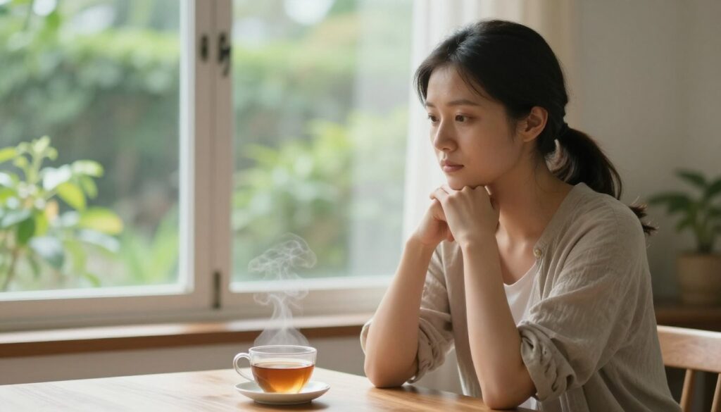 A thoughtful and serene scene depicting a woman sitting at a wooden table in a sunlit room, engaged in deep contemplation. She is dressed in modest casual clothing, with her hands clasped under her chin, symbolizing introspection. In the foreground, a cup of tea steams gently next to her, signifying comfort and reflection. The middle ground features a window with soft, natural light pouring in, illuminating her thoughtful expression. Outside the window, a lush green garden represents growth and renewal, enhancing the atmosphere of potential decisions. The background is softly blurred to keep the focus on her, creating an intimate and inviting mood. The overall lighting is warm and soft, evoking a sense of peace and clarity during a challenging time.