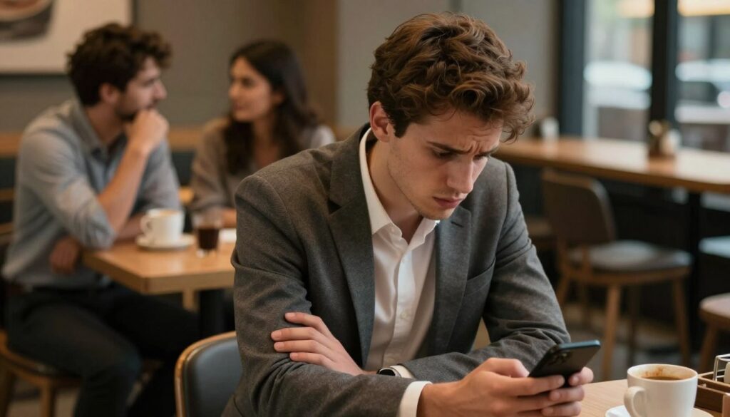 A thoughtful composition illustrating the subtle signs of infidelity in men, featuring a young man in a professional outfit sitting at a coffee shop, appearing distracted while glancing at his phone. His body language shows tension, with crossed arms and a furrowed brow, suggesting stress or anxiety. In the background, a blurred image of another couple engaged in conversation subtly reflects his emotional turmoil, conveying the theme of suspicion. Warm, dim lighting creates an intimate yet tense atmosphere, while the angle focuses on the man from slightly above, emphasizing his isolation despite being in a public space. The scene resonates with a mood of unease and introspection.
