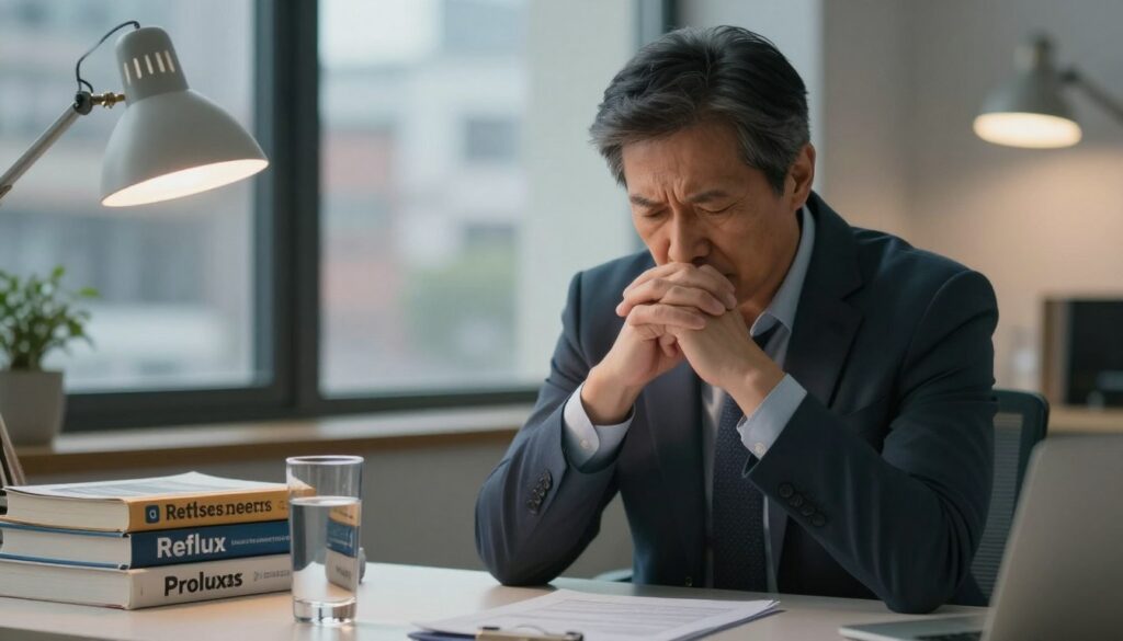 A thoughtful, introspective scene depicting a middle-aged professional seated at a desk, with a furrowed brow and clasped hands, conveying stress. In the foreground, a glass of water sits beside a stack of medical books about reflux and stress management. The middle ground features a window showing a busy cityscape outside, symbolizing the pressures of daily life. The background has soft, diffused lighting emanating from a desk lamp, creating a warm yet serious atmosphere. The colors are muted, with blues and greys dominating, reflecting a sense of strain. The image captures the juxtaposition of mental stress affecting physical health, emphasizing the connection between mind and body while remaining cohesive and focused on the theme.