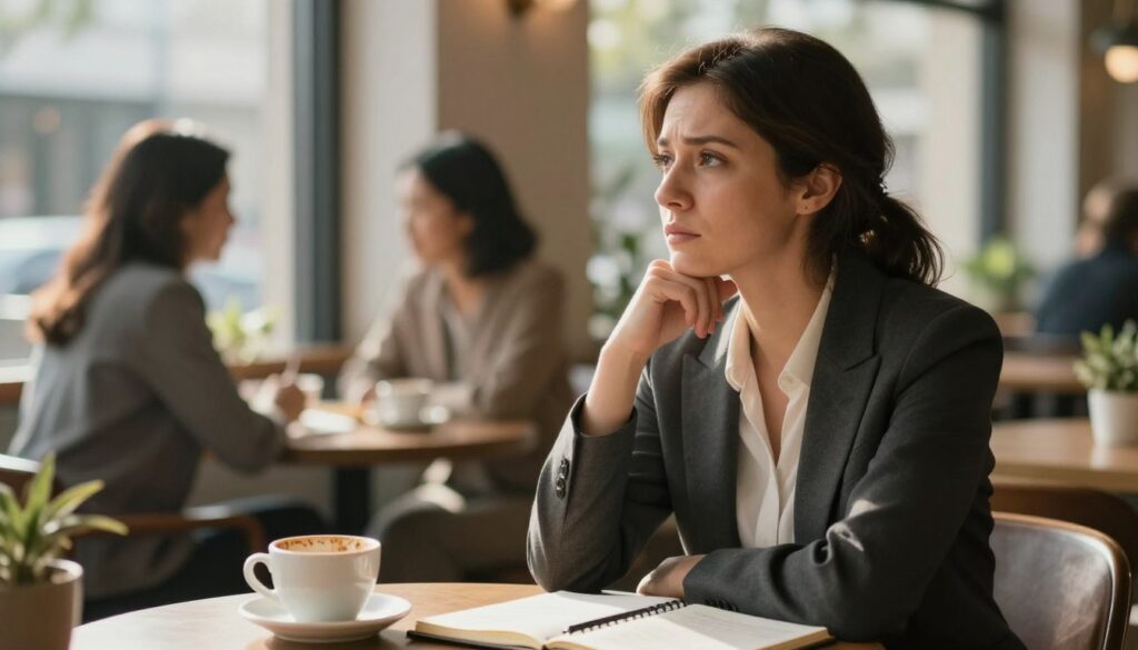 A thoughtful, introspective scene depicting a woman in her mid-30s, dressed in professional business attire, sitting at a café table, deep in contemplation. She gazes out of the window, where soft, diffused afternoon sunlight filters in, creating a warm and reflective atmosphere. In the foreground, a half-empty coffee cup and an open notebook with notes scattered about symbolize her internal struggle. In the background, blurred images of couples engaged in conversation highlight the theme of relationships, while plants add a touch of serenity. The overall mood should evoke feelings of introspection, tension, and the complexities of emotional relationships, reflecting psychological factors influencing fidelity. The composition should have a shallow depth of field, focusing sharply on the woman while gently softening the background.