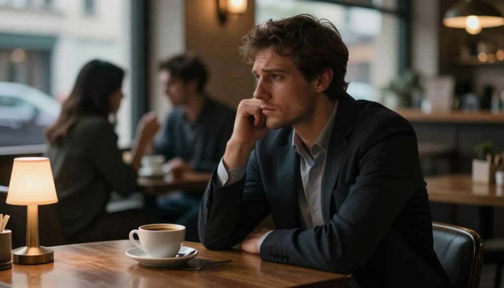 A thoughtful man sitting alone at a polished wooden table in a dimly lit café, dressed in smart casual attire, gazing out the window lost in thought. His expression reflects inner conflict and remorse, hinting at the concept of regret following infidelity. In the foreground, a cup of coffee sits untouched, symbolizing his disconnected state. The middle ground features blurred silhouettes of couples enjoying their time together, contrasting his isolation. The warm, soft lighting from a nearby lamp creates an intimate atmosphere, emphasizing his introspective mood. In the background, faint outlines of busy city life can be seen through the window, enhancing the notion of external chaos contrasting with his internal struggle. A thoughtful man sitting alone at a polished wooden table in a dimly lit café, dressed in smart casual attire, gazing out the window lost in thought. His expression reflects inner conflict and remorse, hinting at the concept of regret following infidelity. In the foreground, a cup of coffee sits untouched, symbolizing his disconnected state. The middle ground features blurred silhouettes of couples enjoying their time together, contrasting his isolation. The warm, soft lighting from a nearby lamp creates an intimate atmosphere, emphasizing his introspective mood. In the background, faint outlines of busy city life can be seen through the window, enhancing the notion of external chaos contrasting with his internal struggle.