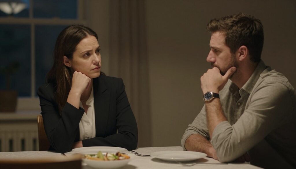 A thoughtful scene depicting a couple sitting at a dining table in a softly lit room, embodying tension and introspection. The woman, in professional business attire, appears contemplative, glancing at her partner, who is dressed casually but looks pensive. Reflections of doubt and suspicion can be seen in their expressions. In the background, a dimly lit window with hinting shadows outside creates an intimate yet uneasy atmosphere. The table is set but untouched, symbolizing the lack of connection. Use warm, muted lighting to evoke a feeling of somberness, with a shallow depth of field that draws attention to the couple's emotions, while the background remains slightly blurred. The overall mood captures the complexity of trust and verification in a relationship. A thoughtful scene depicting a couple sitting at a dining table in a softly lit room, embodying tension and introspection. The woman, in professional business attire, appears contemplative, glancing at her partner, who is dressed casually but looks pensive. Reflections of doubt and suspicion can be seen in their expressions. In the background, a dimly lit window with hinting shadows outside creates an intimate yet uneasy atmosphere. The table is set but untouched, symbolizing the lack of connection. Use warm, muted lighting to evoke a feeling of somberness, with a shallow depth of field that draws attention to the couple's emotions, while the background remains slightly blurred. The overall mood captures the complexity of trust and verification in a relationship.