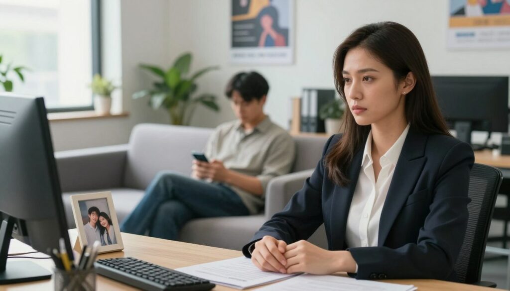 A thoughtful scene illustrating the causes of emotional betrayal, focusing on a couple in a modern office space. In the foreground, a woman in professional attire sits at a desk, gazing wistfully at a photo of happier times with her partner. The middle ground features a man in modest casual clothing, sitting on a nearby sofa, absorbed in his smartphone, highlighting the disconnect between them. The background shows a bright, airy office ambiance with motivational posters and plants, symbolizing daily routine and work pressures. Natural light filters through large windows, creating a warm yet poignant atmosphere that conveys introspection and unspoken tension in their relationship. This visual encapsulates the complexities of emotional needs and relational dynamics.