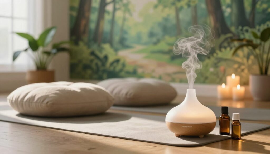 A tranquil aromatherapy setting showcasing a serene environment for stress relief. In the foreground, a delicate essential oil diffuser emits a gentle mist, with a few bottles of essential oils placed elegantly next to it. In the middle, soft, plush cushions and a light-colored yoga mat invite relaxation. A potted plant and a few candles softly illuminate the scene, casting warm shadows and creating a cozy atmosphere. The background features a calming nature-inspired mural, perhaps a soft green forest or a peaceful beach, enhancing the feeling of calmness. The lighting is warm and inviting, as if early morning sun is streaming through a nearby window. The overall mood is peaceful and soothing, embodying the essence of aromatherapy as a supportive technique for managing stress.