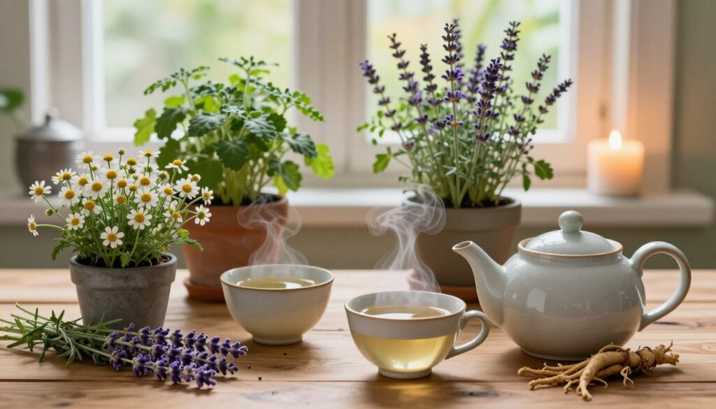 A tranquil scene featuring an arrangement of calming herbs such as chamomile, lavender, and valerian root, beautifully displayed on a wooden table. In the foreground, a ceramic teapot and delicate teacups are filled with herbal tea, steam gently rising from them. The middle of the image should showcase pots of fresh herbs, their green leaves vibrant and inviting. Soft, natural lighting filters through an open window in the background, casting a warm glow, while a few decorative candles add a cozy touch. The atmosphere is serene and relaxing, capturing a sense of peace and harmony, ideal for illustrating natural methods of stress relief. The composition should be intimate, inviting viewers to immerse themselves in the calming world of herbal remedies for relaxation. A tranquil scene featuring an arrangement of calming herbs such as chamomile, lavender, and valerian root, beautifully displayed on a wooden table. In the foreground, a ceramic teapot and delicate teacups are filled with herbal tea, steam gently rising from them. The middle of the image should showcase pots of fresh herbs, their green leaves vibrant and inviting. Soft, natural lighting filters through an open window in the background, casting a warm glow, while a few decorative candles add a cozy touch. The atmosphere is serene and relaxing, capturing a sense of peace and harmony, ideal for illustrating natural methods of stress relief. The composition should be intimate, inviting viewers to immerse themselves in the calming world of herbal remedies for relaxation.