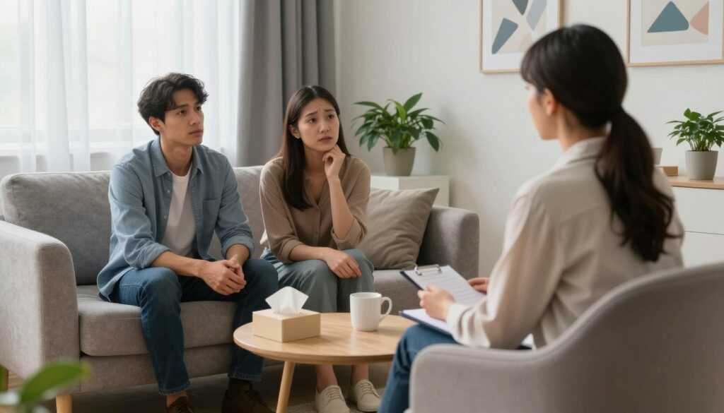 A tranquil therapy office setting, featuring a cozy room with soft, natural lighting filtering through sheer curtains. In the foreground, a professional therapist sits in a comfortable, modern armchair, wearing smart casual attire, attentively listening to a couple on a plush couch, who appear hopeful yet vulnerable. The couple, dressed in modest clothing, is engaged in a serious conversation, displaying emotions of concern and support. On a nearby table, a box of tissues and a coffee mug suggest an intimate atmosphere. The background shows calming wall art and potted plants, enhancing the sense of peace and security. The overall mood is reflective, with an emphasis on communication and healing, symbolizing the journey of rebuilding trust after betrayal.