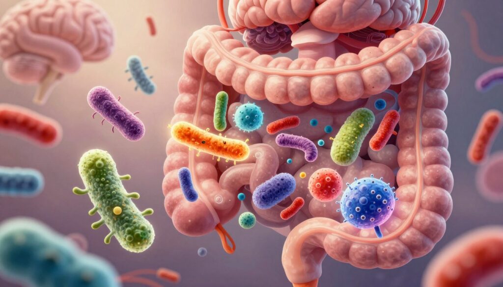 A vibrant and detailed illustration of the gut microbiome, showcasing a colorful array of bacteria and microorganisms swirling and interacting within a stylized human digestive system. In the foreground, highlight microorganisms in various shapes and sizes—some glowing softly, others intertwining. The middle ground should depict a cross-section view of the intestines, with visible textures and colors of the gut lining, emphasizing its connection to the microbiome. In the background, subtle representations of a brain, suggesting the gut-brain connection, are blurred to maintain focus on the microbiome. Soft natural lighting creates an inviting and informative atmosphere. The overall mood is one of curiosity and intrigue, perfect for highlighting the connection between stress and digestive health. A vibrant and detailed illustration of the gut microbiome, showcasing a colorful array of bacteria and microorganisms swirling and interacting within a stylized human digestive system. In the foreground, highlight microorganisms in various shapes and sizes—some glowing softly, others intertwining. The middle ground should depict a cross-section view of the intestines, with visible textures and colors of the gut lining, emphasizing its connection to the microbiome. In the background, subtle representations of a brain, suggesting the gut-brain connection, are blurred to maintain focus on the microbiome. Soft natural lighting creates an inviting and informative atmosphere. The overall mood is one of curiosity and intrigue, perfect for highlighting the connection between stress and digestive health.